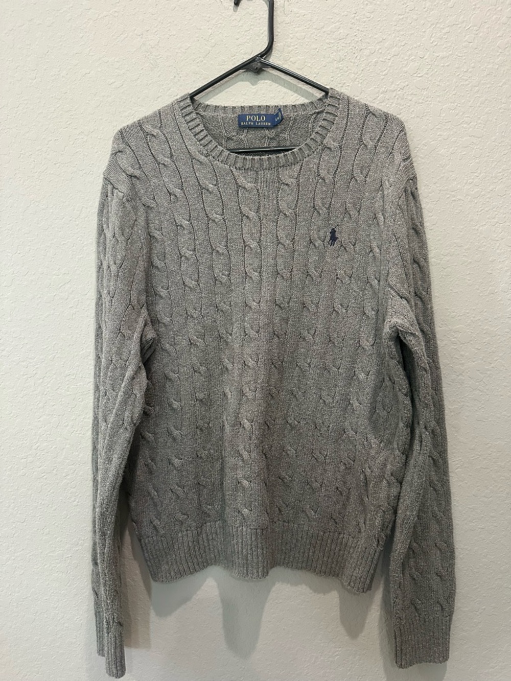 Polo Ralph Lauren Cable Knit Grey Sweater With Blue Embroidered Pony mens Sz L
